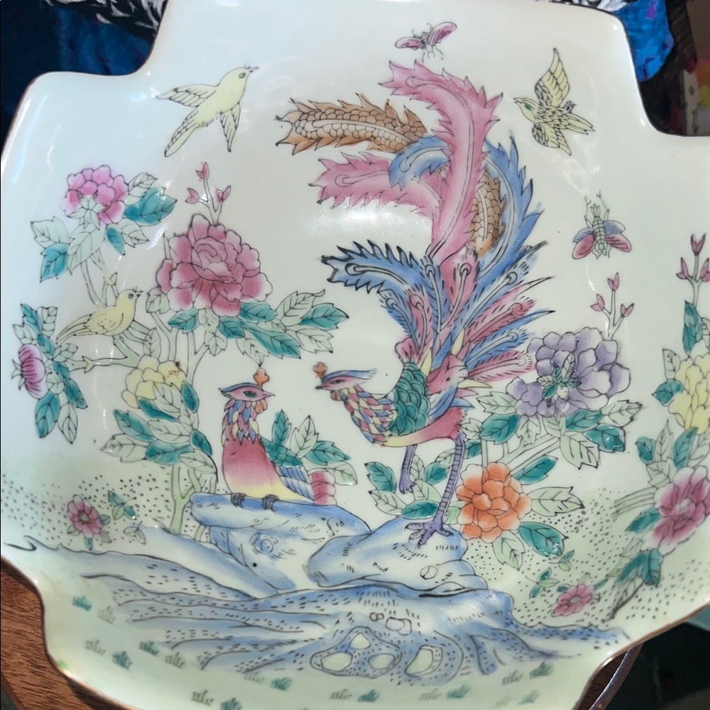 Vintage Chinese Satsuma Bowl Birds Of Paradise with Wood Stand - Picture 10 of 14